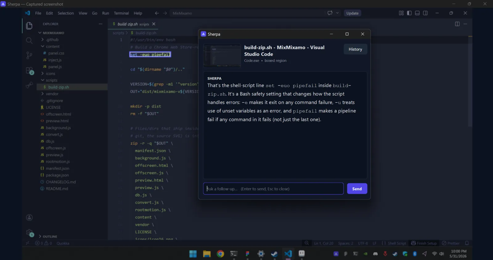 Sherpa explaining a control in VS Code